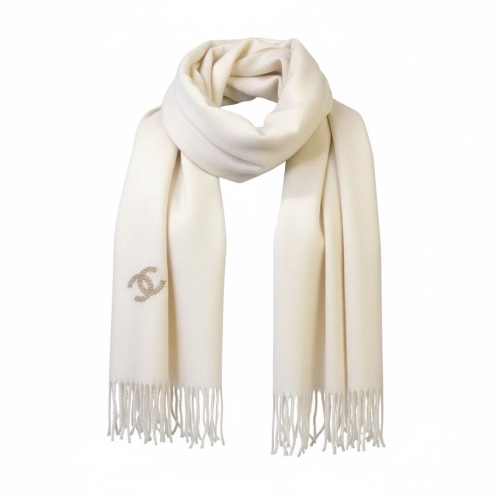 Auth Chanel 100% Creamy White Cashmere CC Gold Sequins Stole Scarf Muffler Wrap